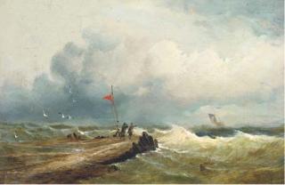 John Moore of Ipswich - Windswept figures on a jetty looking out to sea