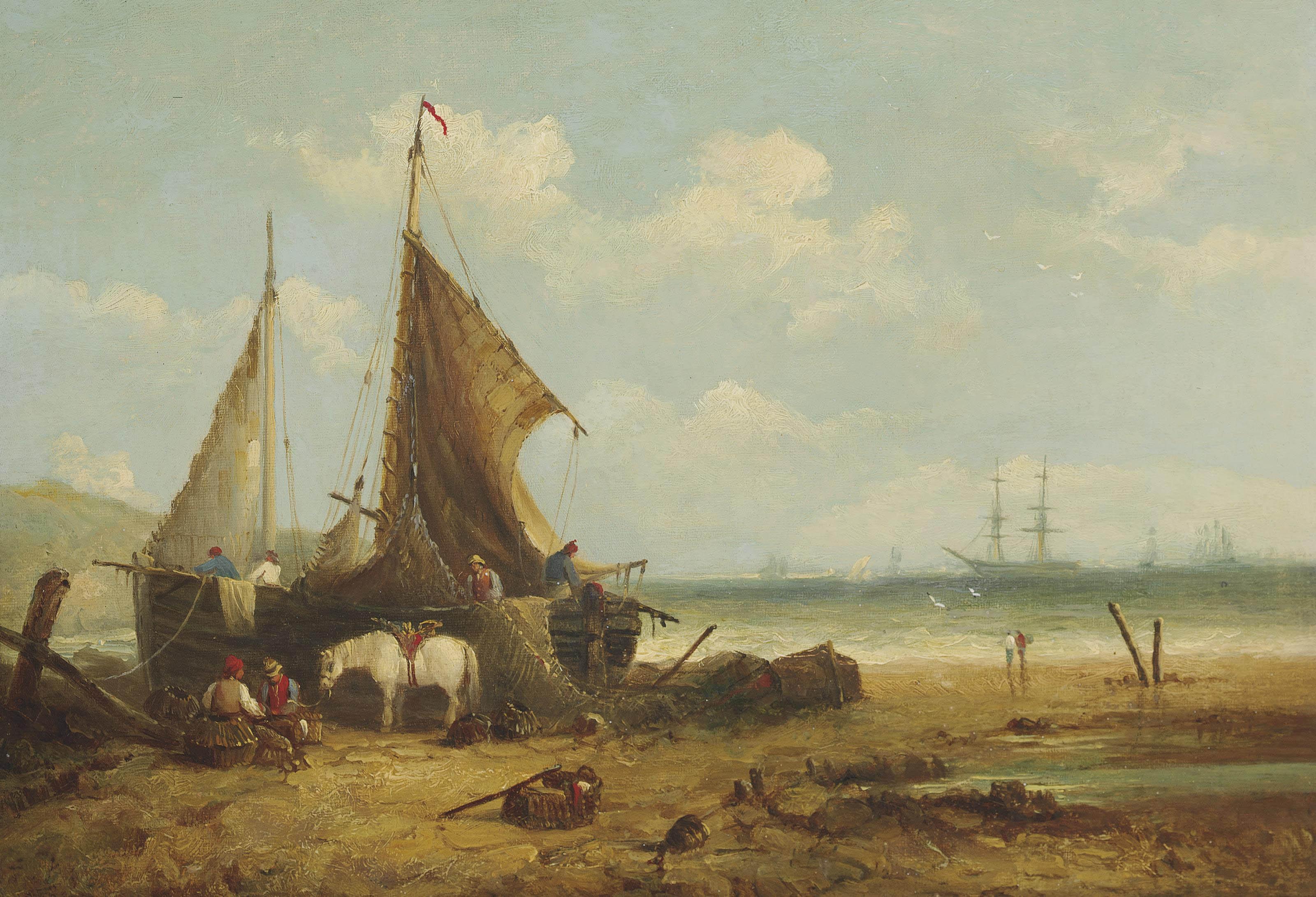 John Moore - Fishing boats beached on the coast with fishermen sorting the catch