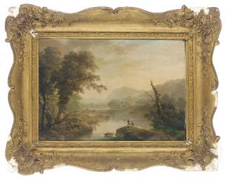 John Mundell - Fishing on a riverbank with a castle beyond