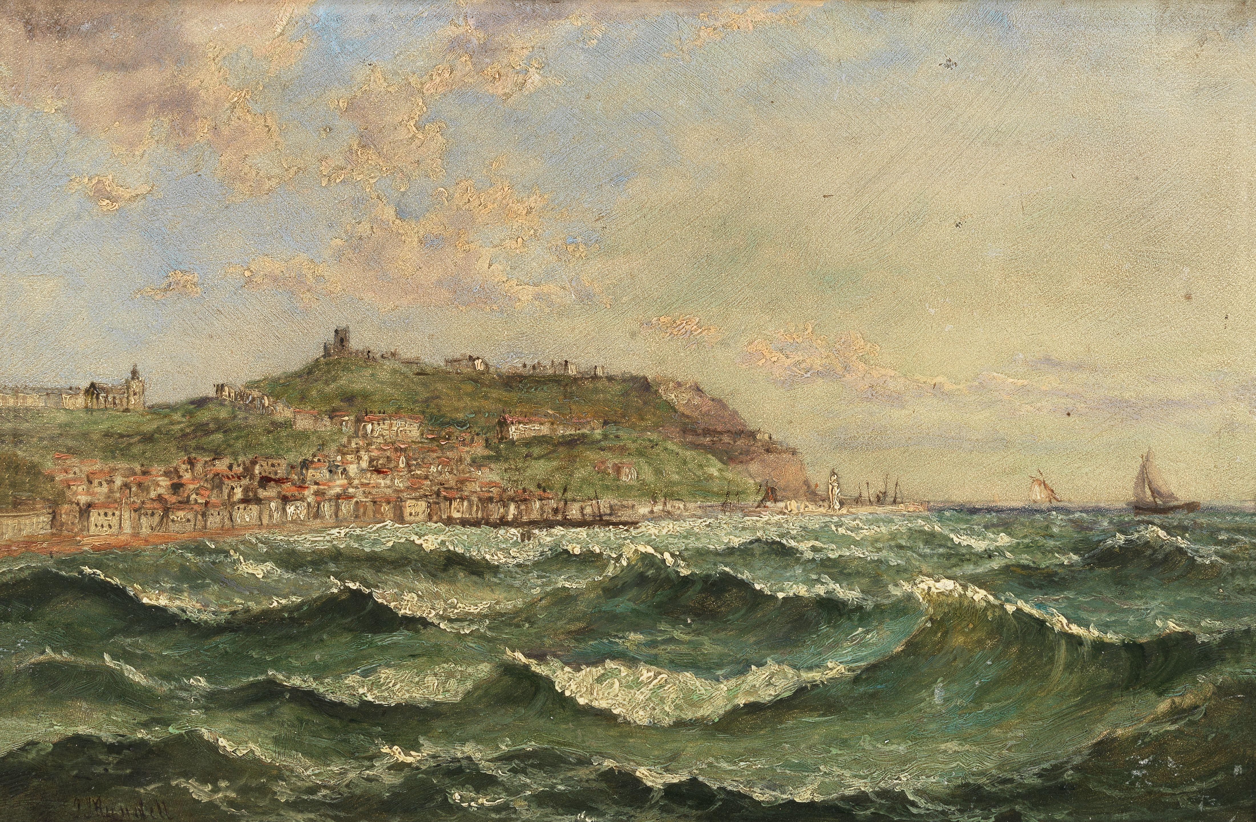 John Mundell - Scarborough from the sea; A cliffside castle, a pair (2)