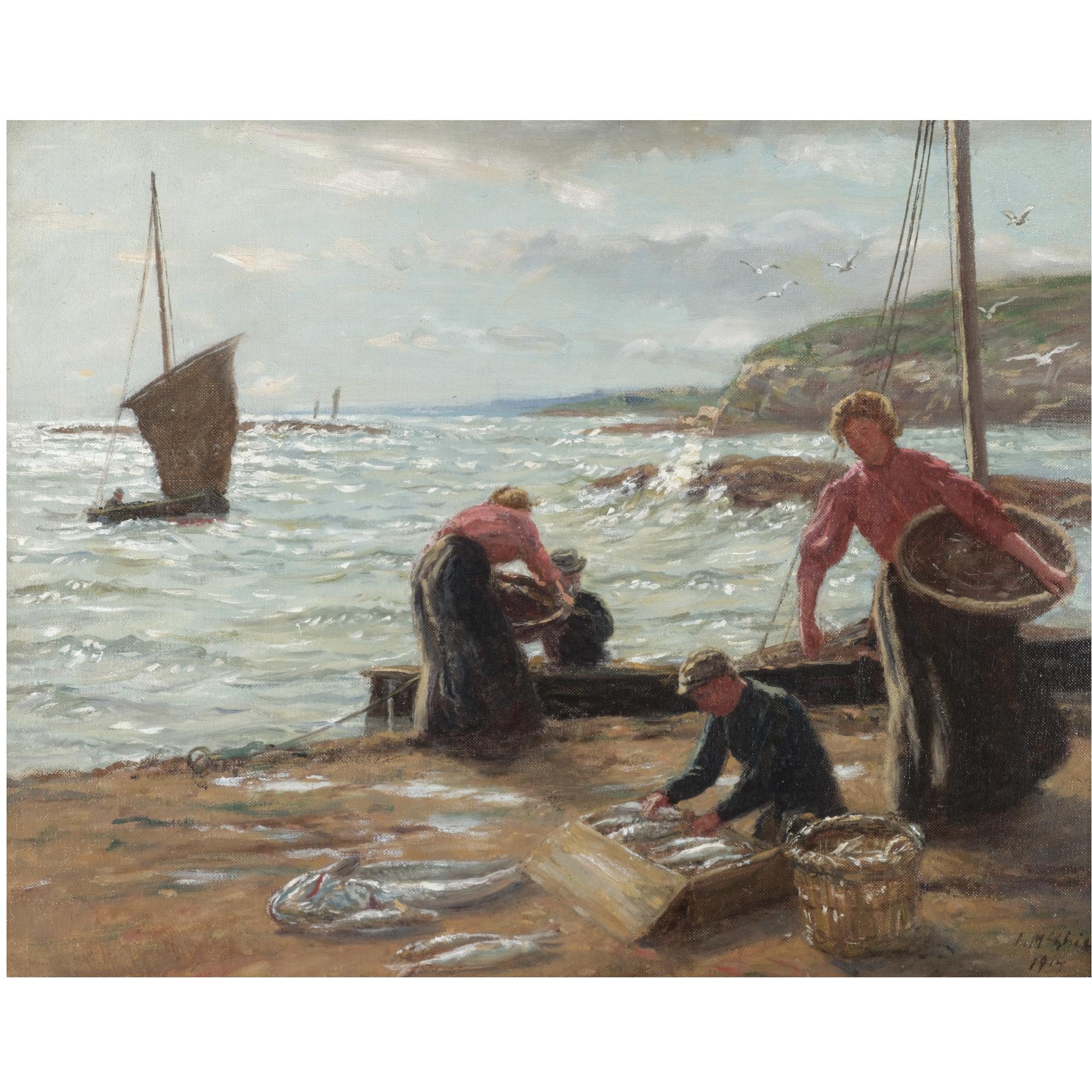 John N. Mcghie R.S.A., R.S.W. - A Blustery Morning, Unloading The Catch