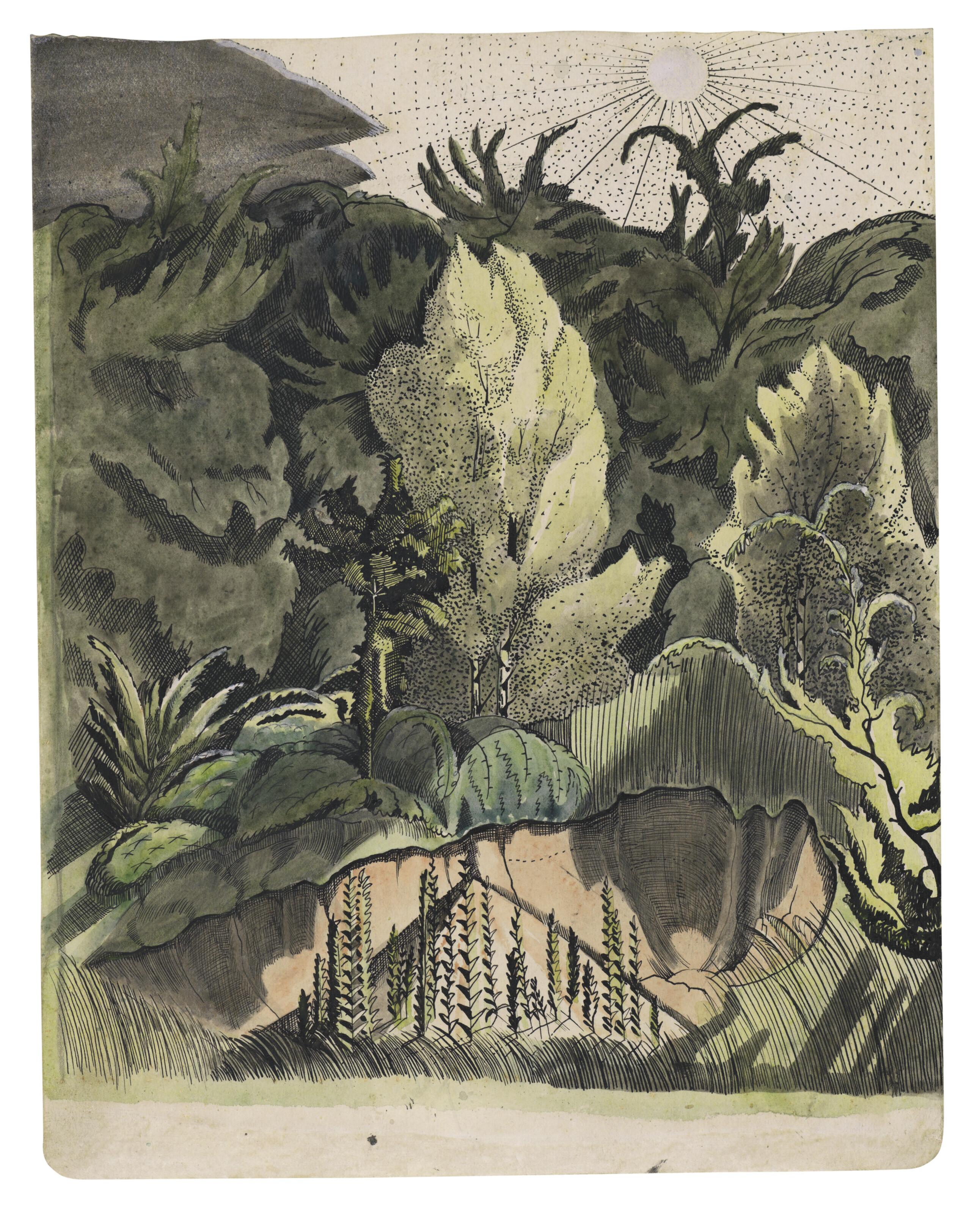 John Nash, R.A. - Gravel pit deep in the forest, sunset