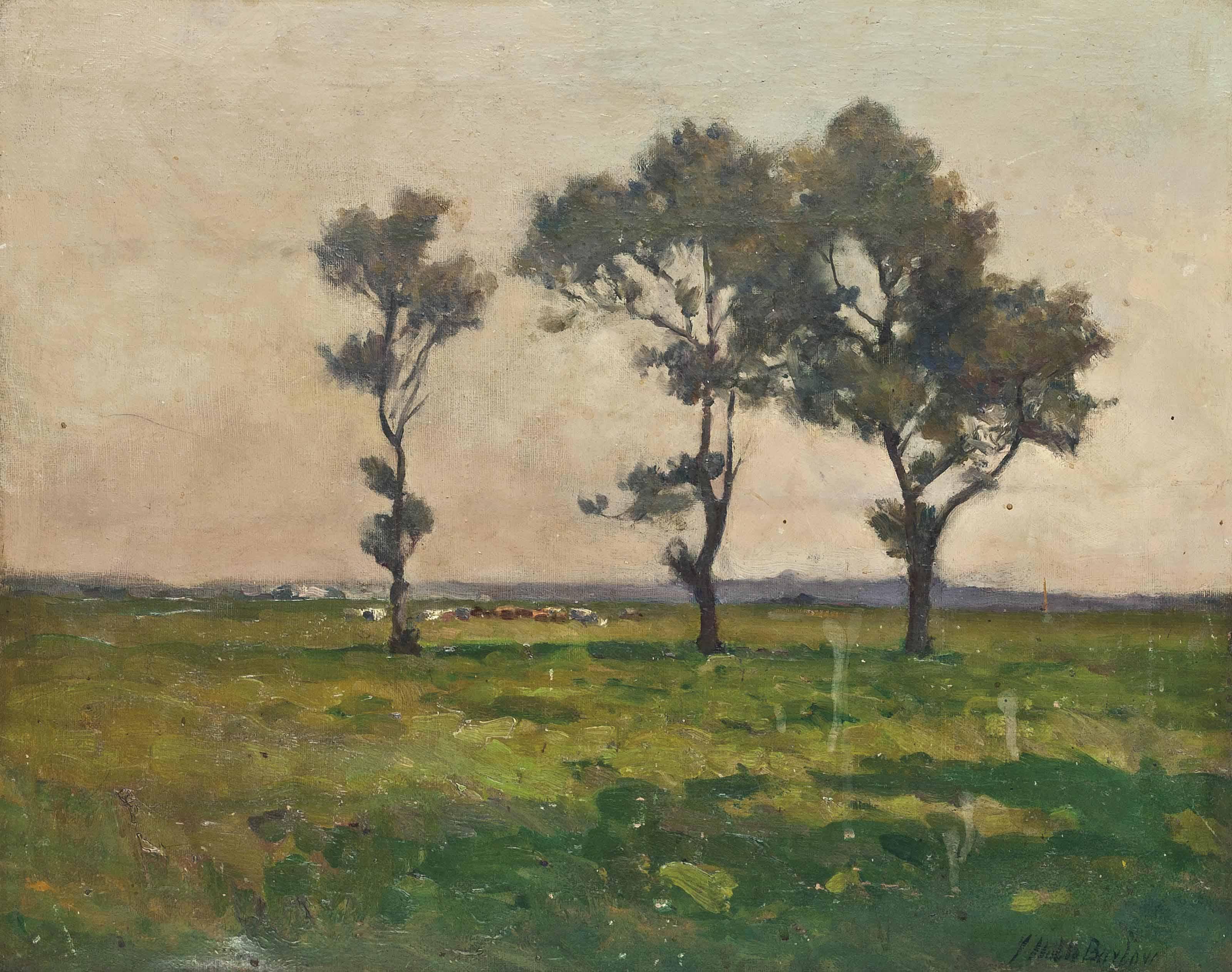 John Noble Barlow, R.O.I., R.W.A. - Landscape with trees, cattle grazing beyond