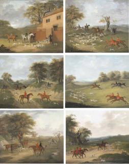 John Nost Sartorius - A Run with Mr. James Drake Brockman\'s hounds at Beachborough, Kent: Leaving the Kennels, Underhill, Shornecliffe; Going to Covert; Gone Away; Full Cry; The Death - Treeing the Fox; and The Return Home