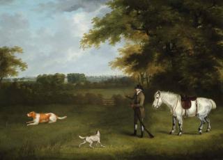 John Nost Sartorius - A sportsman with his dogs and pony in a wooded landscape