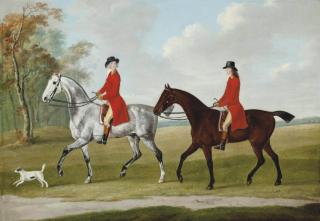 John Nost Sartorius - John and Andrew Corbet on two hunters, with a terrier, in an extensive landscape