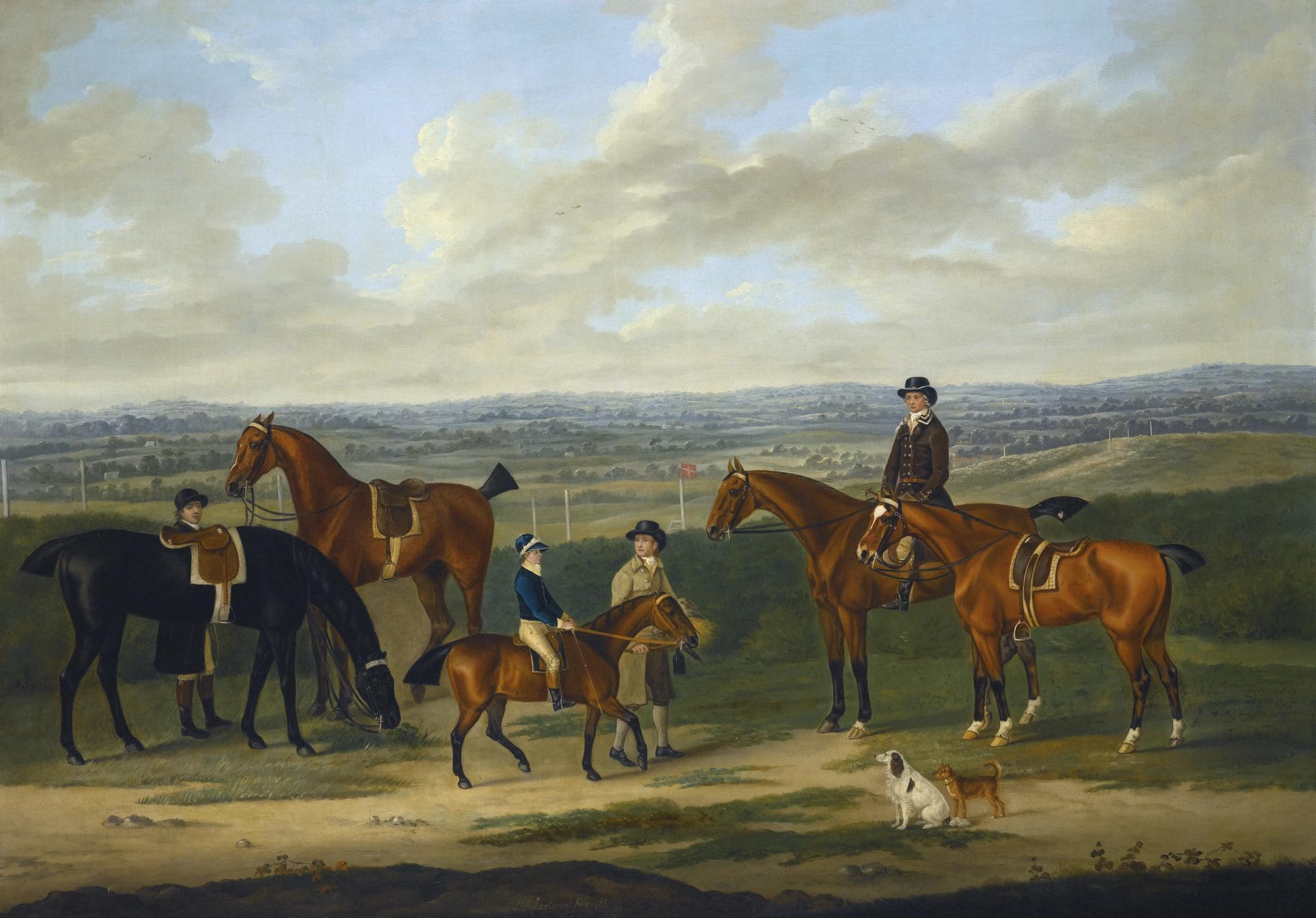 John Nost Sartorius - Joining The Elders; A Bay Pony Led By A Groom With A Boy In Racing Silks Up, Together With Four Horses And Two Riders, One Up, A Racecourse Beyond