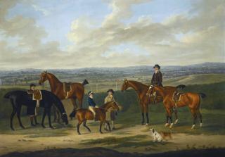 John Nost Sartorius - Joining The Elders; A Bay Pony Led By A Groom With A Boy In Racing Silks Up, Together With Four Horses And Two Riders, One Up, A Racecourse Beyond