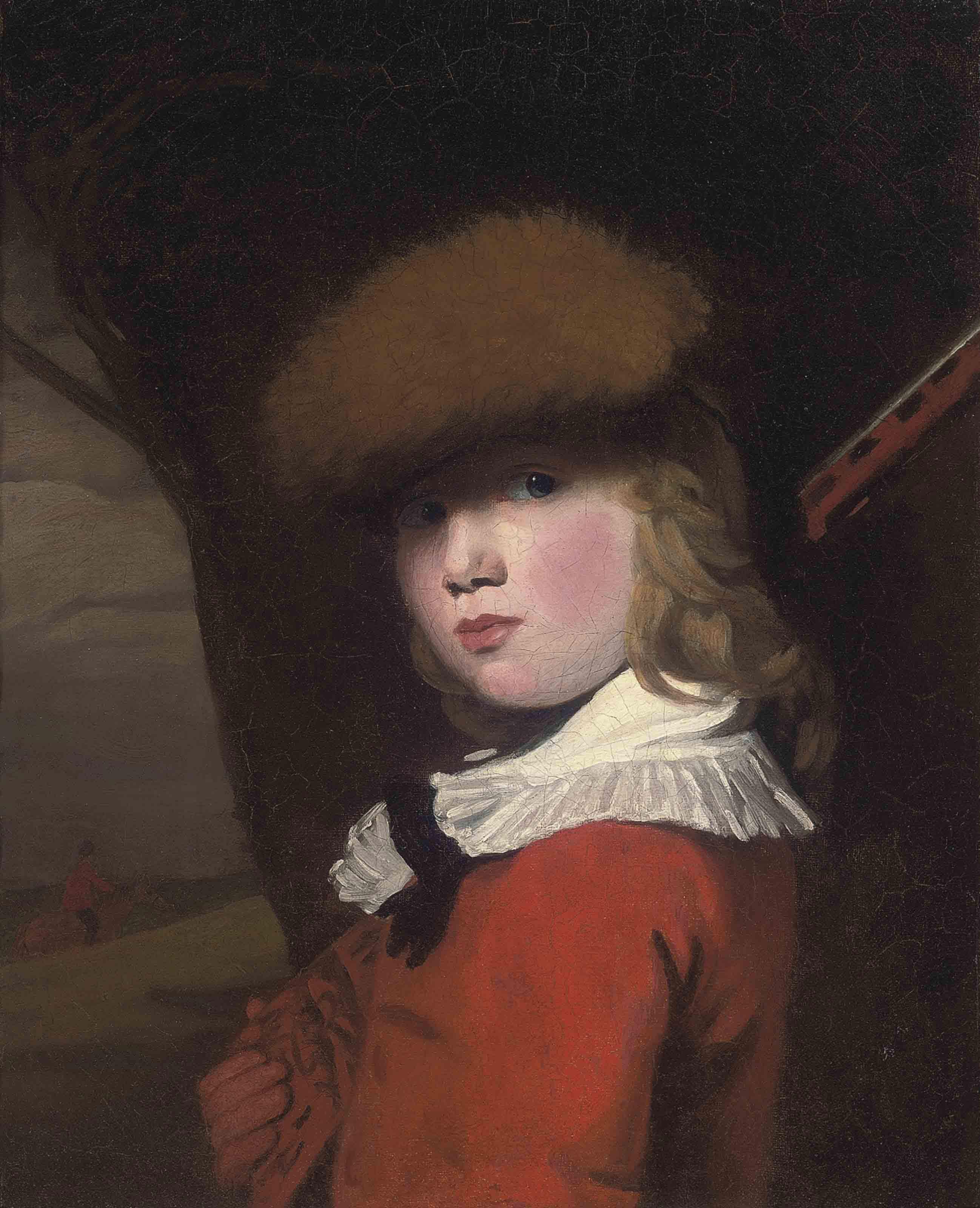 John Opie, R.A. - Portrait of a boy, bust-length, in a red coat with a white collar and a fur hat, holding a gun, in a landscape