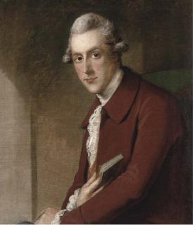 John Opie, R.A. - Portrait of James White (1745-1825), seated half-length, in a maroon coat, holding a book in his right hand