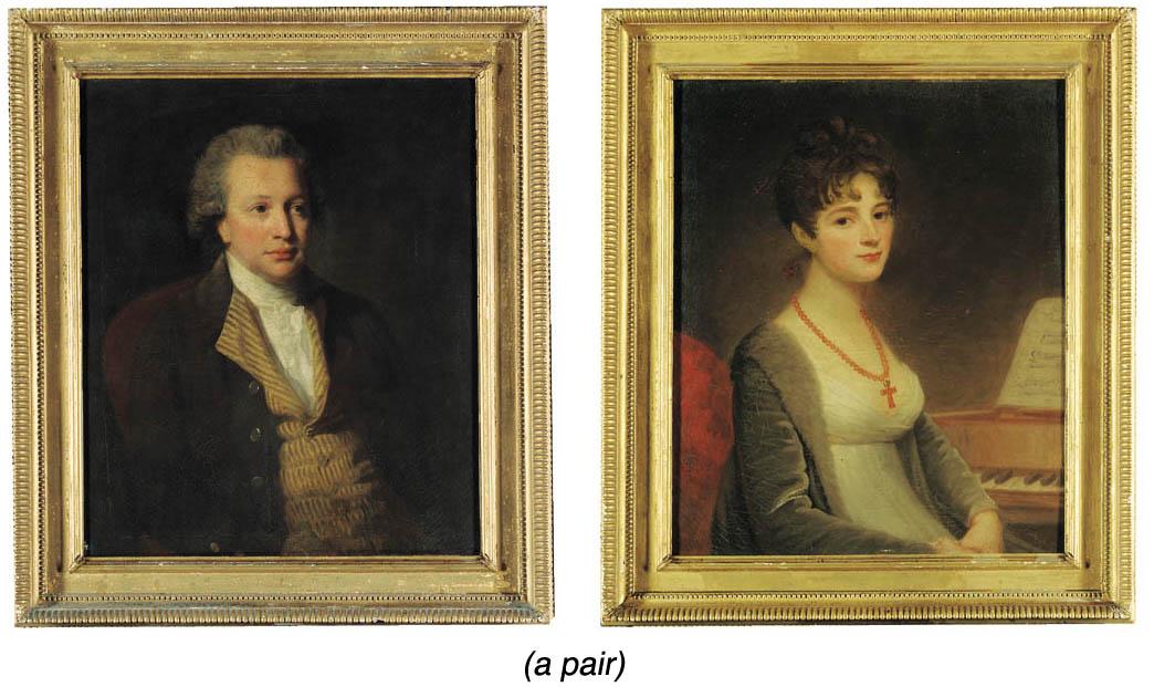 John Opie, R.A. - Portrait Of Sir James Earle, Half-Length, Seated, In A Brown Coat And Striped Waistcoat; And Portrait Of Mary, Lady Earle, Half-Length, Seated At A Piano, In A White Dress And A Grey Coat
