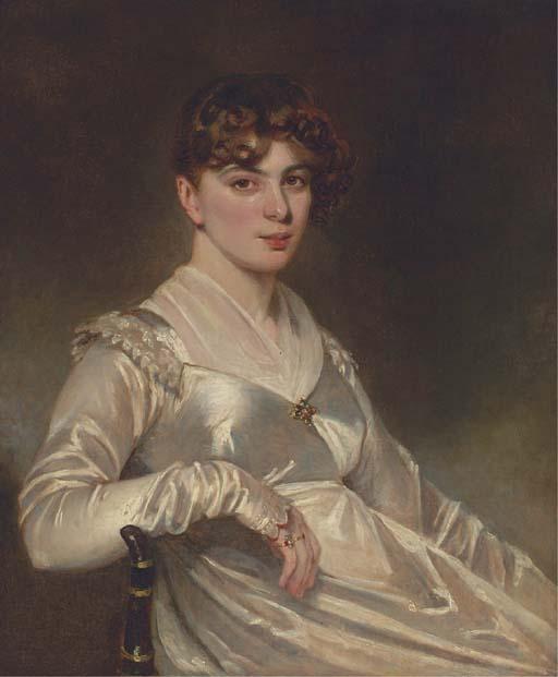 John Opie - Portrait of a lady, three-quarter length, seated in a white silk dress