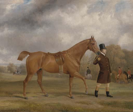 John Paul - A Bay Hunter And Groom, With A Hunt Beyond, In An Extensive Landscape