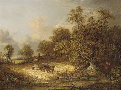 John Paul - A log cart on a wooded track, with Norwich beyond