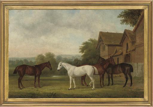 John Paul - Four hunters by a barn, an extensive landscape beyond