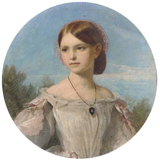 John Phillip, R.A. - Portrait of Miss Florence Penison, small half-length, in a white dress with pink ribbon sleeves and diamond pendant, painted circle