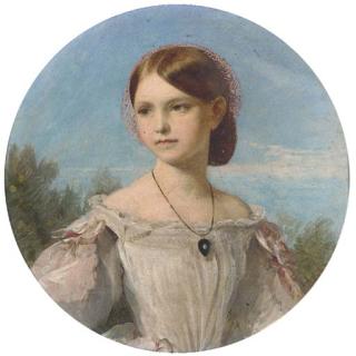 John Phillip, R.A. - Portrait of Miss Florence Penison, small half-length, in a white dress with pink ribbon sleeves and diamond pendant, painted circle