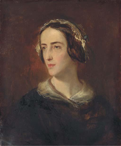 John Phillip, R.A. - Portrait of The Artist\'S Wife, In A Black Dress With A White Collar, Half-Length