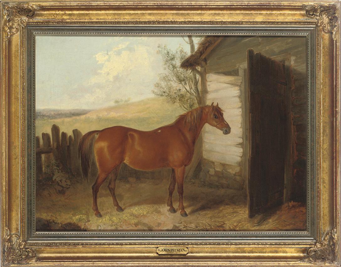 John Pitman - A chestnut hunter beside a barn