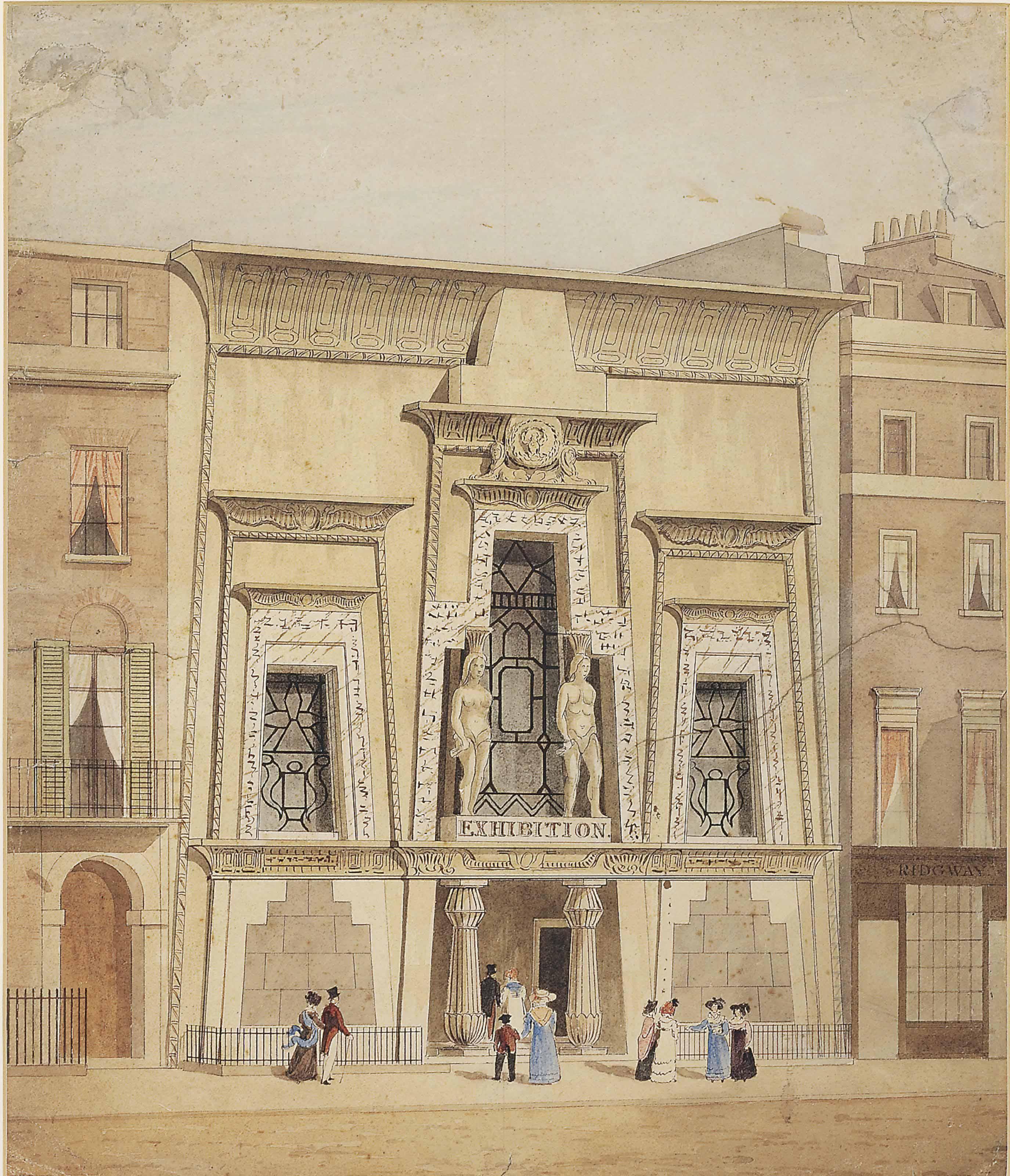 John Preston Neale - Bullock’s Museum or The Egyptian Hall, Piccadilly; and A preliminary drawing of Chiswick House, Middlesex for Neale’s Views of Seats (1829).