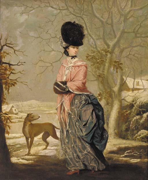 John Raphael Smith - Winter, Portrait of a lady, full-length, in a blue dress with pink wrap and black hat, in a landscape with a dog
