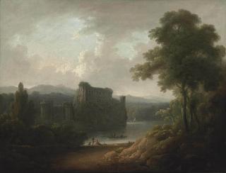John Rathbone - A wooded landscape with a ruined moated castle, figures ferrying across the water and others resting on the bank