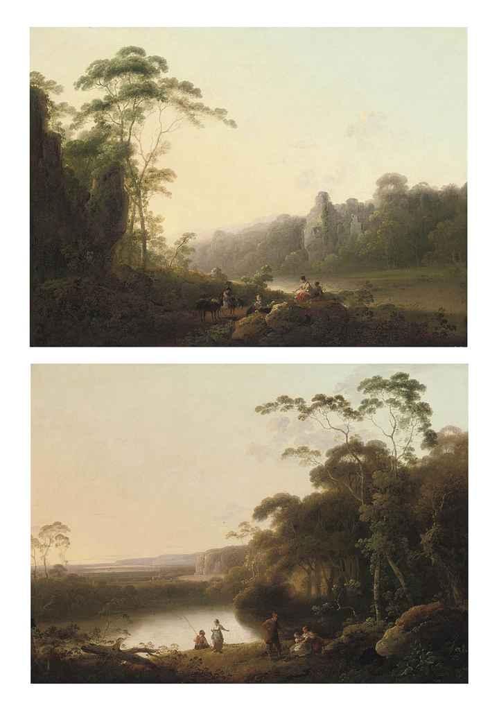 John Rathbone - A wooded river landscape with travellers on a track at dawn; and A wooded river landscape with an angler and other figures conversing on a bank at dusk