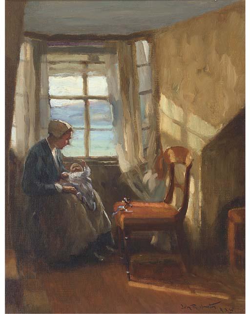 John Rennie Mackenzie Houston, R.S.W. - A Mother And Child In A Sunlit Interior