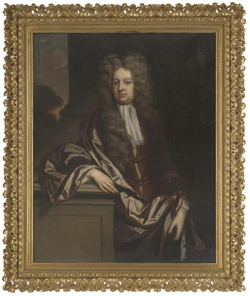 John Riley - Portrait of a gentleman, three-quarter-length, in a brown coat and wrap, his right arm resting on a plinth, a landscape beyond
