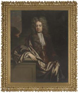 John Riley - Portrait of a gentleman, three-quarter-length, in a brown coat and wrap, his right arm resting on a plinth, a landscape beyond