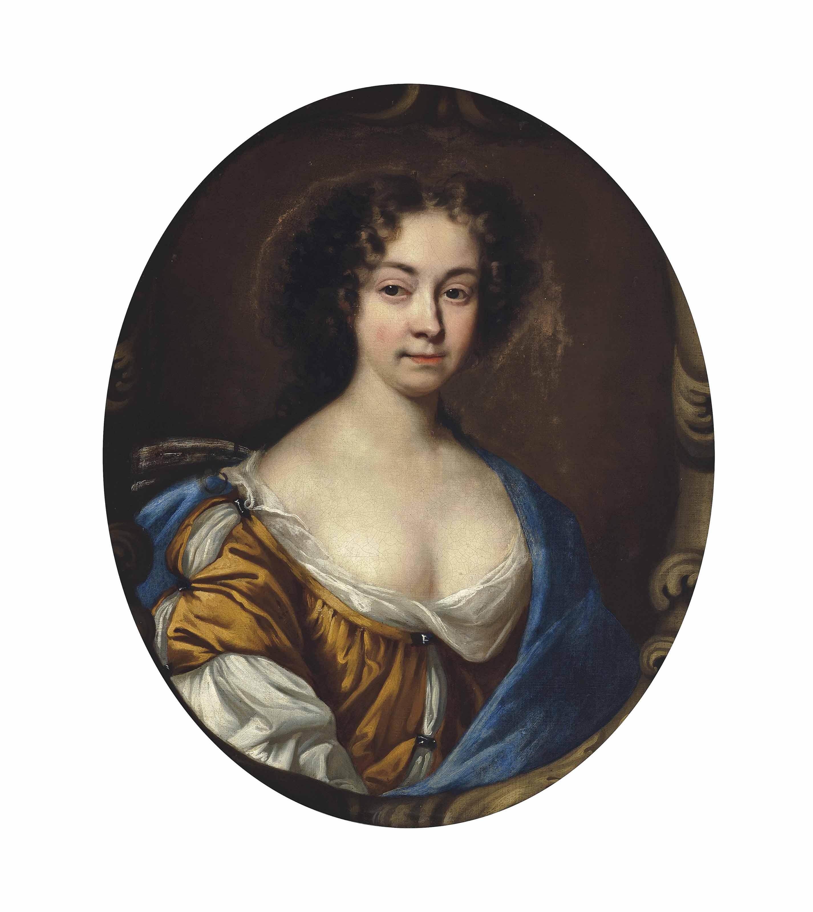 John Riley - Portrait Of A Lady, Half-Length, In A Brown And White Dress And Blue Wrap, In A Sculpted Cartouche