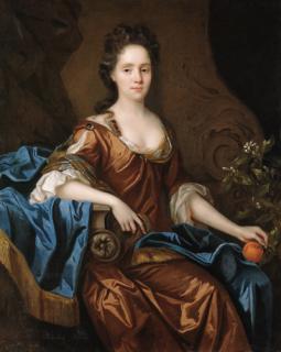 John Riley - Portrait of Frances Wiat, three-quarter-length, seated, in an ochre dress and blue wrap, holding an orange in her left hand, her right arm resting on a plinth, before a draped curtain