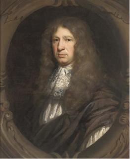 John Riley - Portrait of Sir John Streynsham Master (1640-1723), bust-length, in brown robes, sculpted cartouche