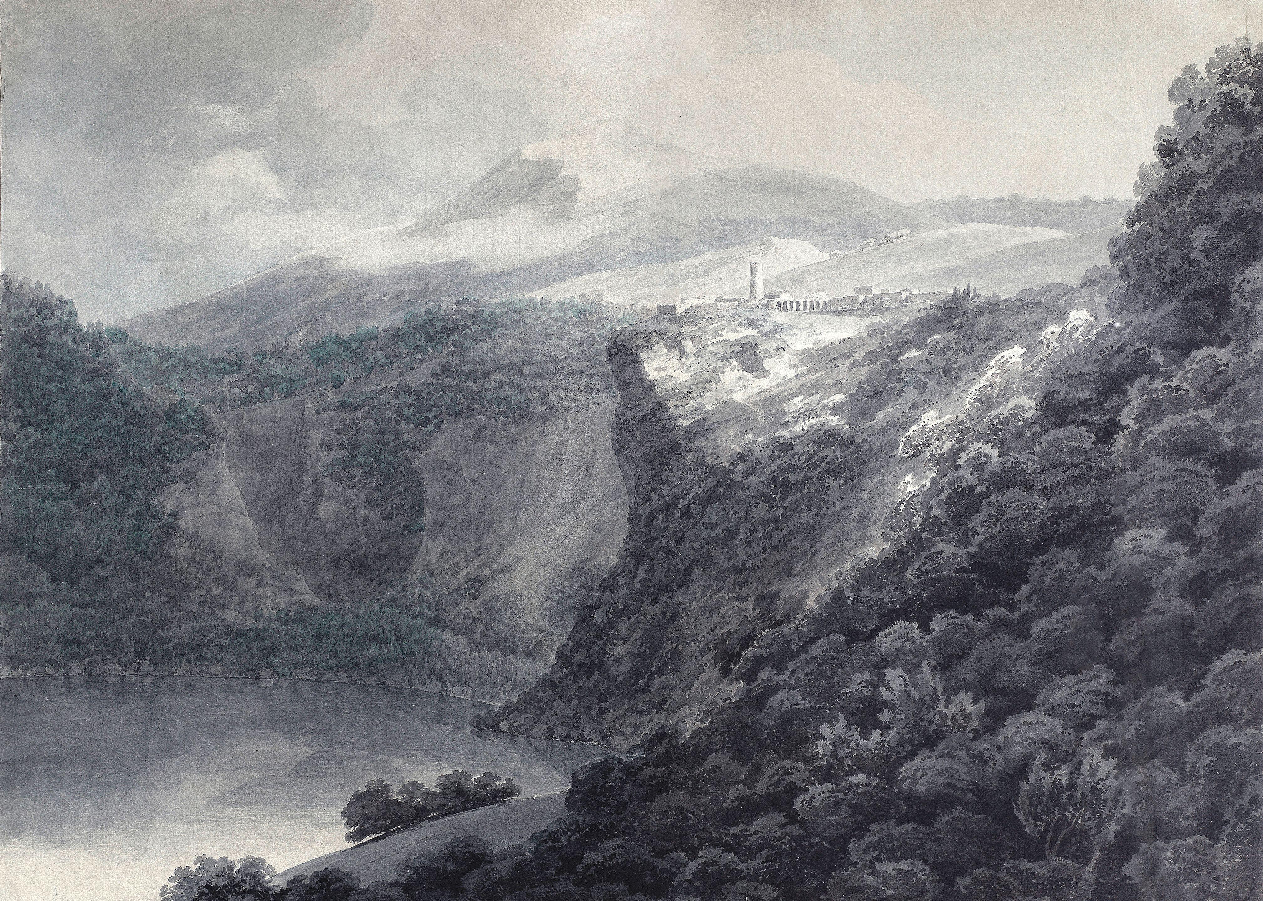 John Robert Cozens - The Lake and Town of Nemi, Italy