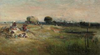 John Robertson Reid, R.I., R.O.I. - The Harvest Lunch, Windsor Castle beyond