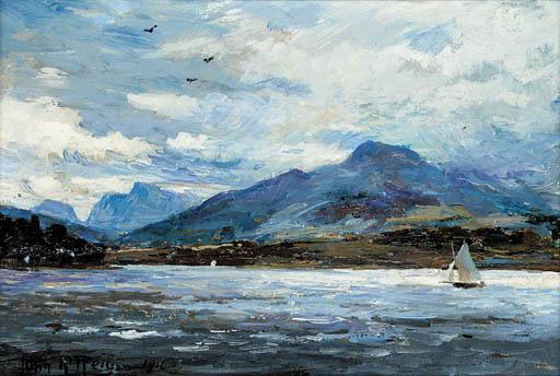 John Robertson Reid - A sailing vessel in choppy waters with Ben Lomond beyond