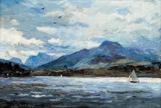 John Robertson Reid - A sailing vessel in choppy waters with Ben Lomond beyond