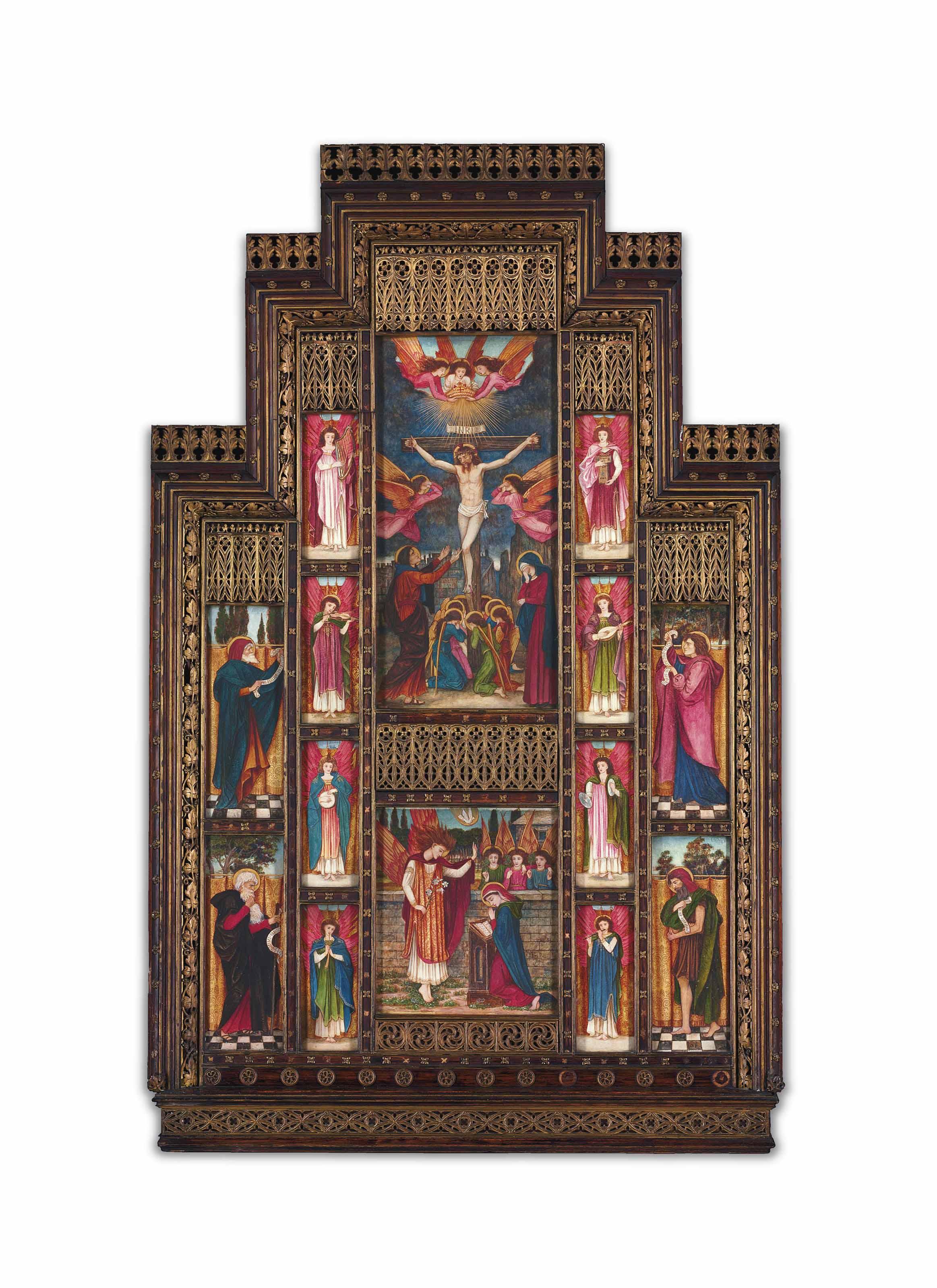 John Roddam Spencer Stanhope - A design for the reredos at Holy Trinity Church, Florence, including: The Crucifixion; The Annunciation; four Old Testament Prophets; and eight Angels