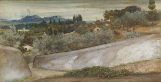 John Roddam Spencer-Stanhope - A Tuscan landscape with village and olive grove
