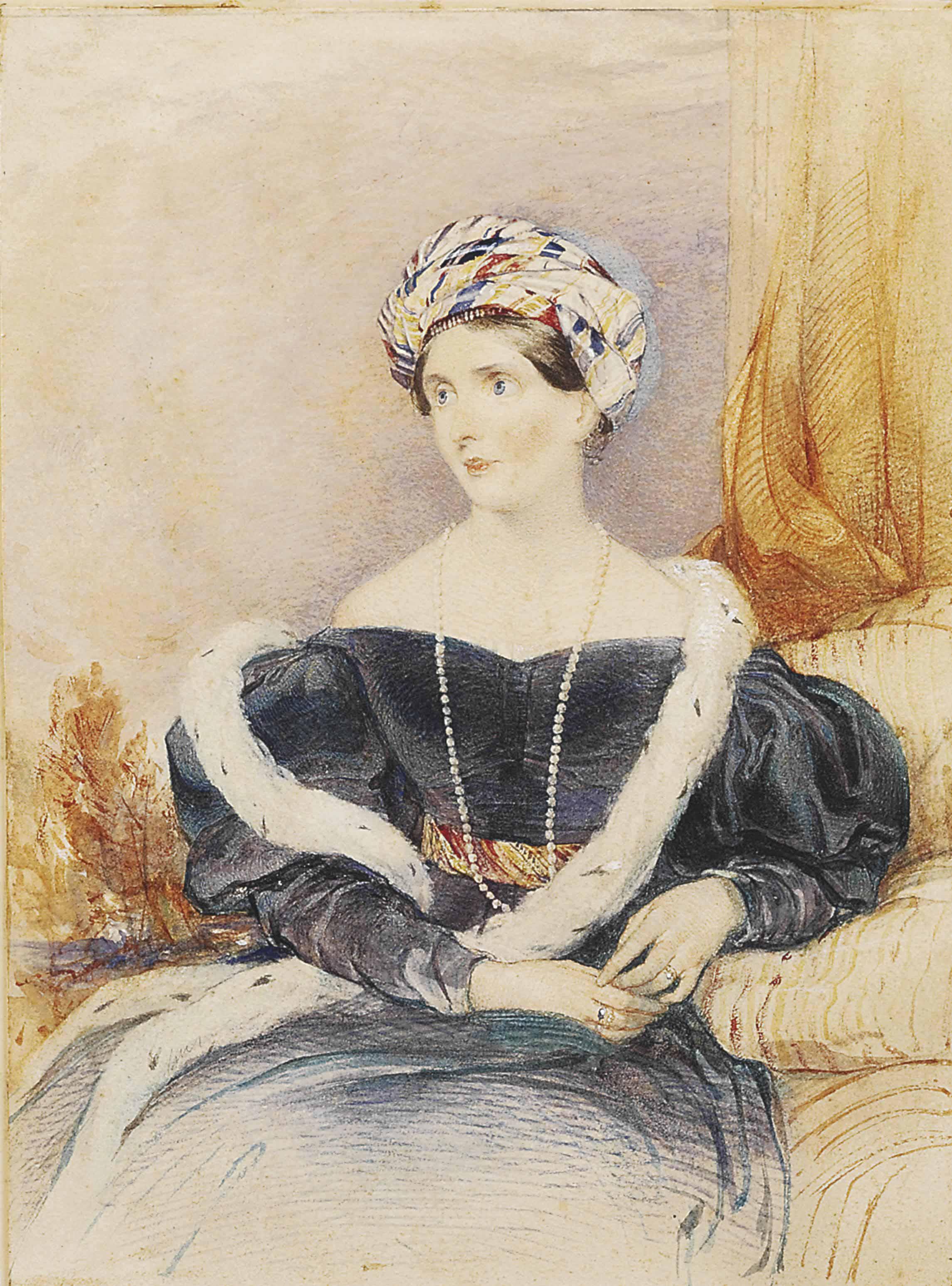 John Rogers Herbert, R.A. - Portrait of Lady Priscilla Wellesley-Pole, Countess of Westmorland, three-quarter-length, in a blue dress with ermine stole