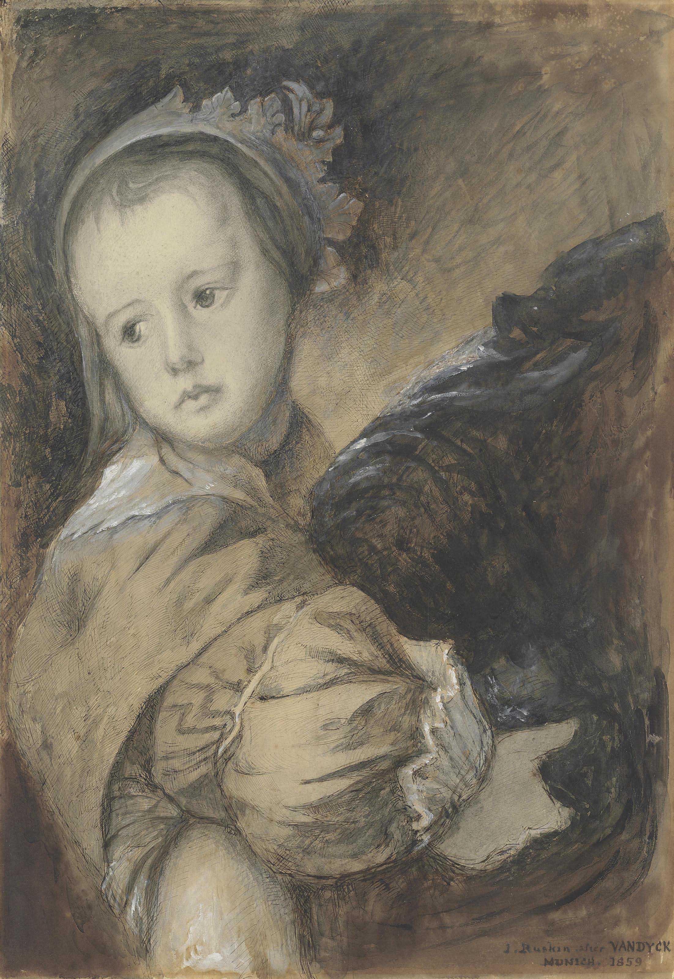John Ruskin, H.R.W.S. - Anna Maria van Thielen (b. 1628), aged about five, after Van Dyck\'s double portrait of her with her mother Anna van Thielen