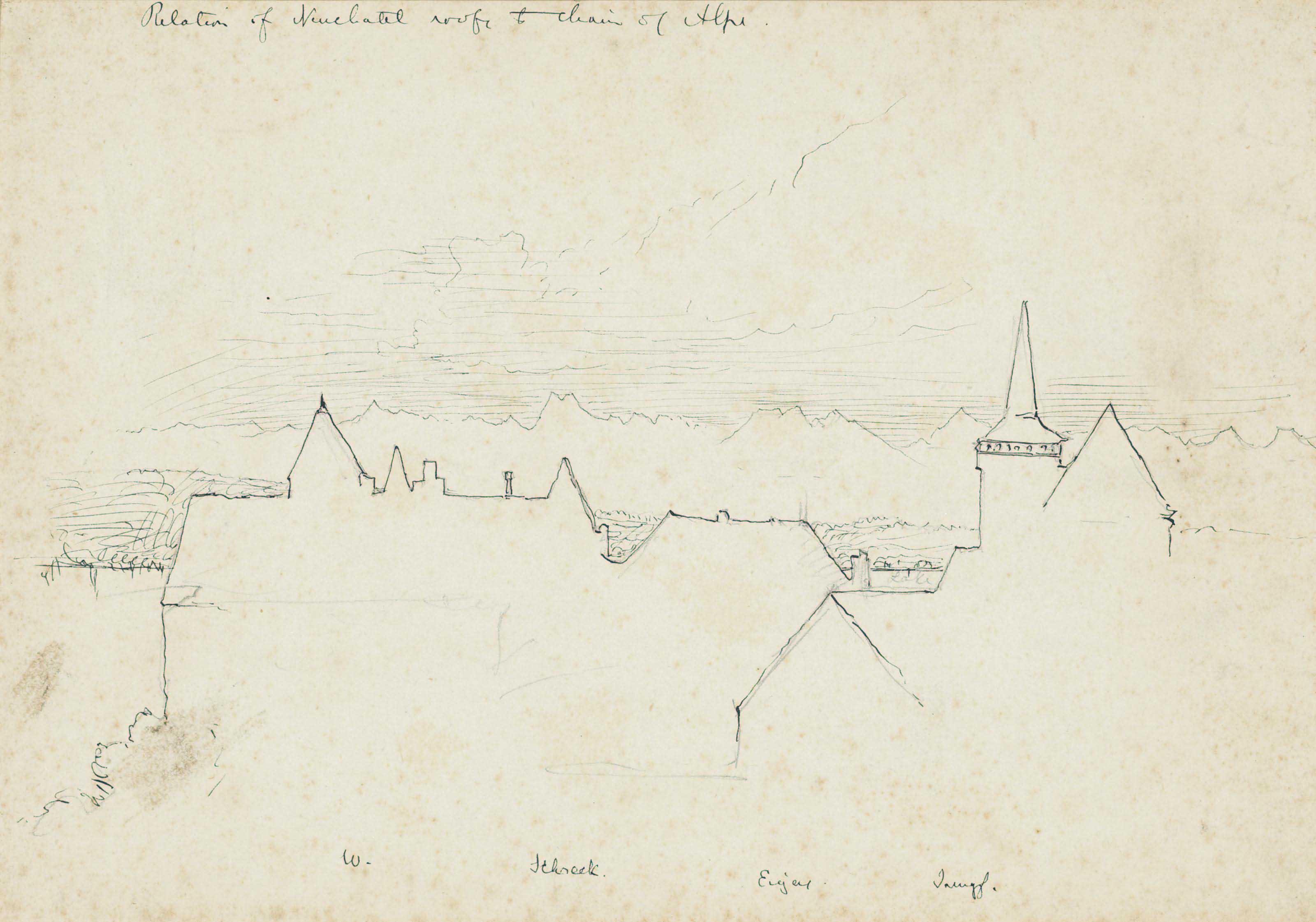 John Ruskin, H.R.W.S - Neauchâtel roofs and the chain of the Alps, Switzerland ( recto ); and Cloud study ( verso )