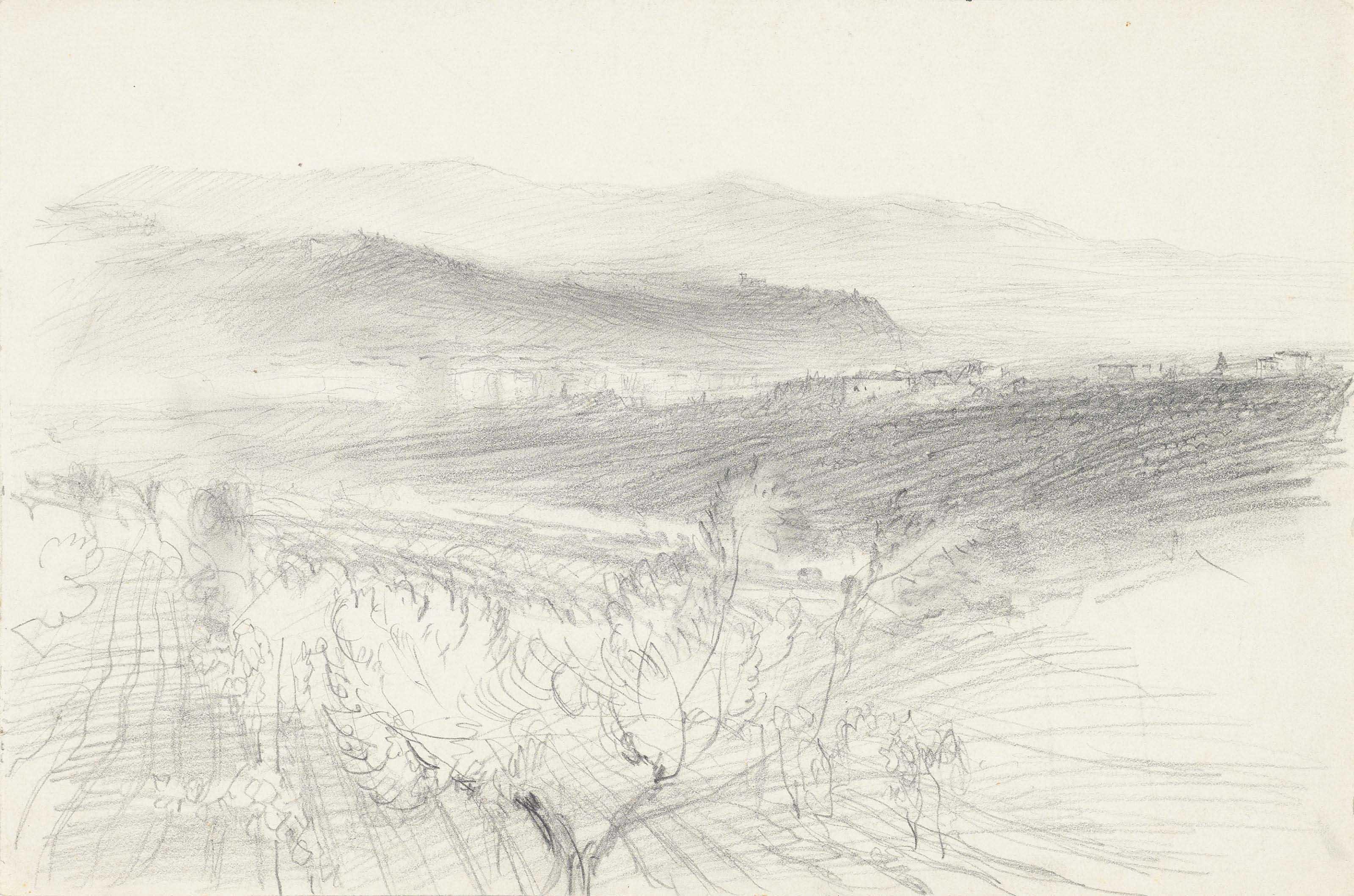 John Ruskin, H.R.W.S. - Olive trees and distant hills, possibly near Florence