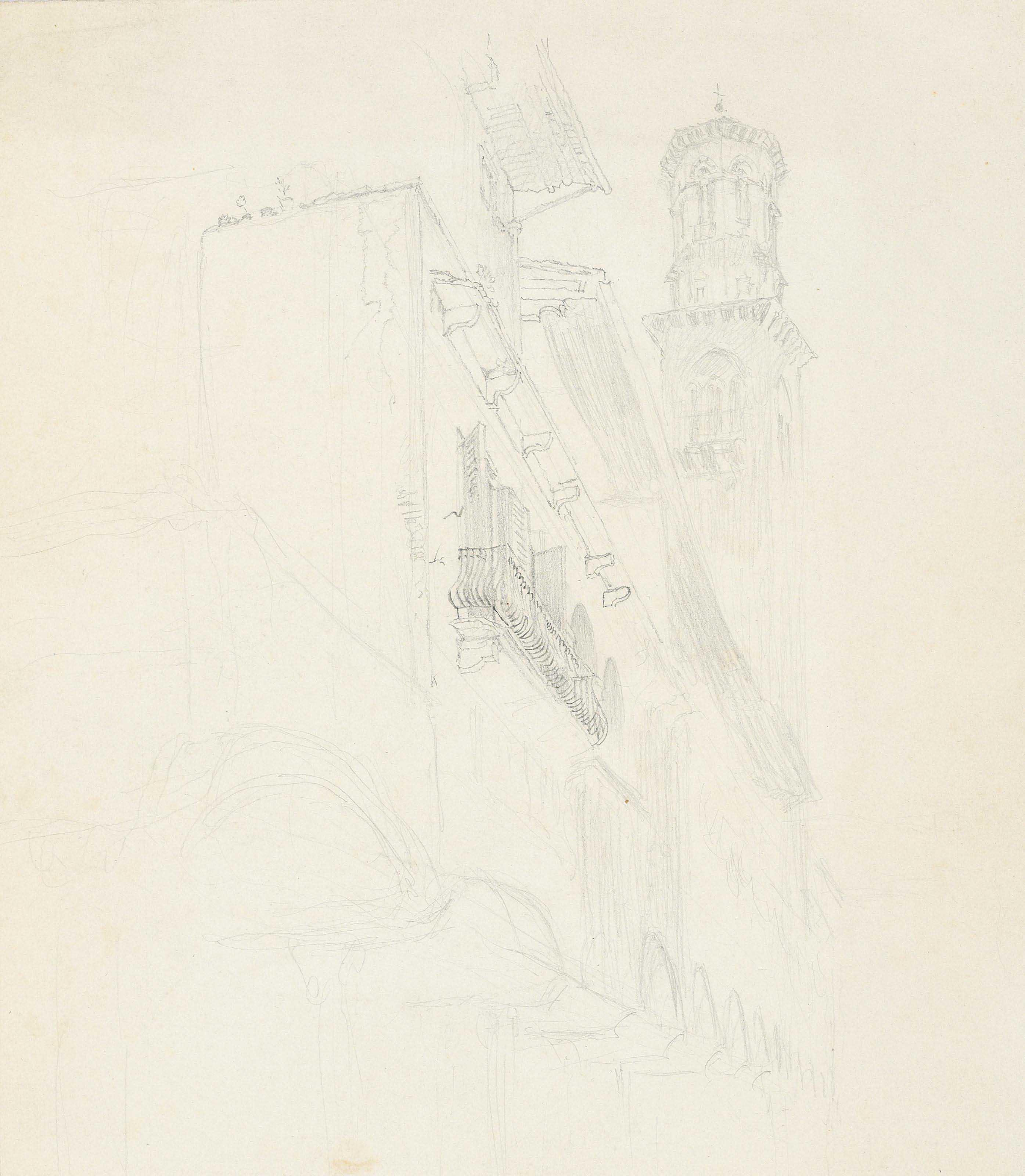 John Ruskin, H.R.W.S. - View of the Palazzo Communale and Torre Lamberti, Verona