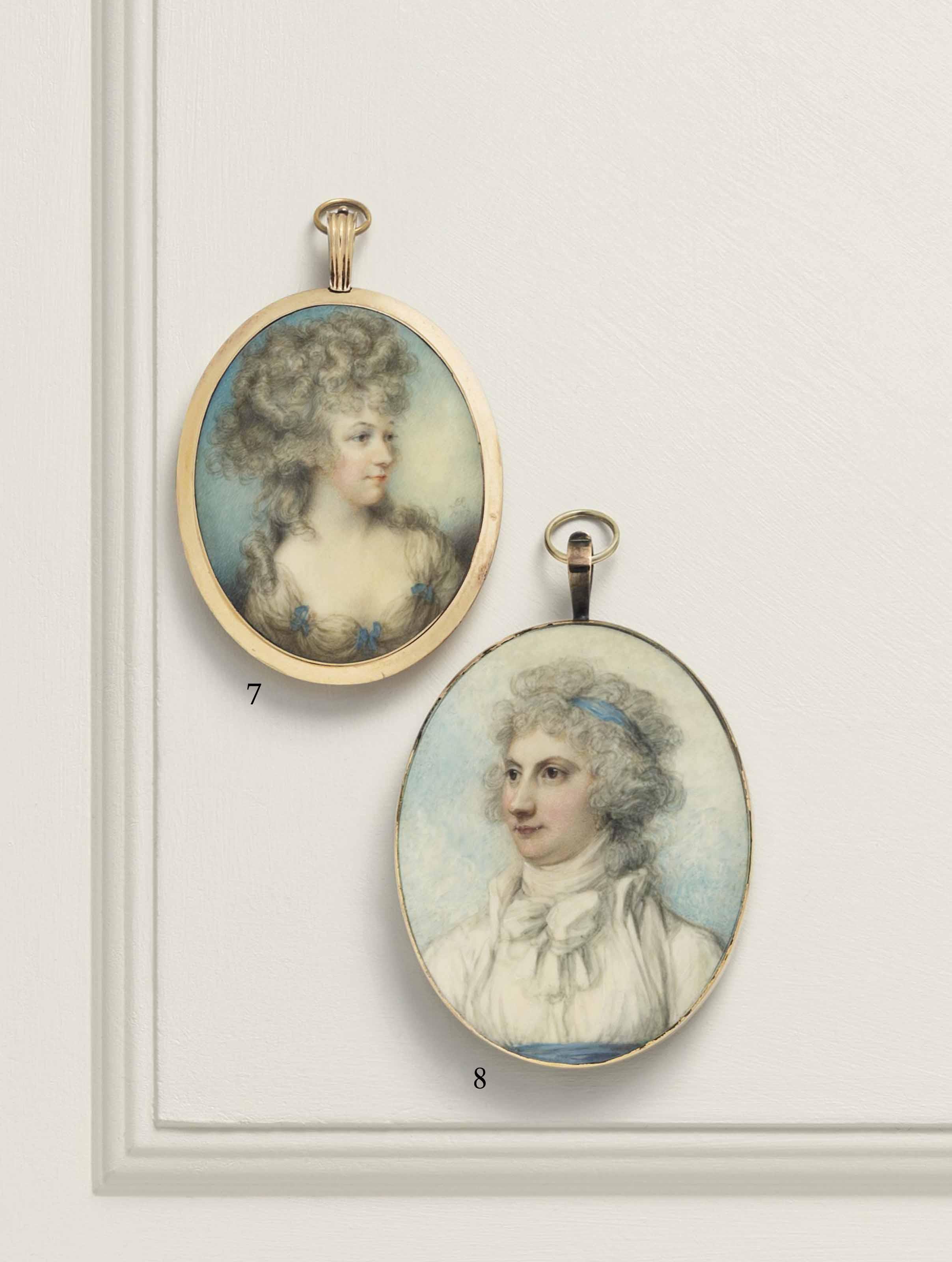 John Russell, R.A. - A Lady, In White Dress With Blue Bows Around Neckline, Upswept Curling Powdered Hair; Sky Background