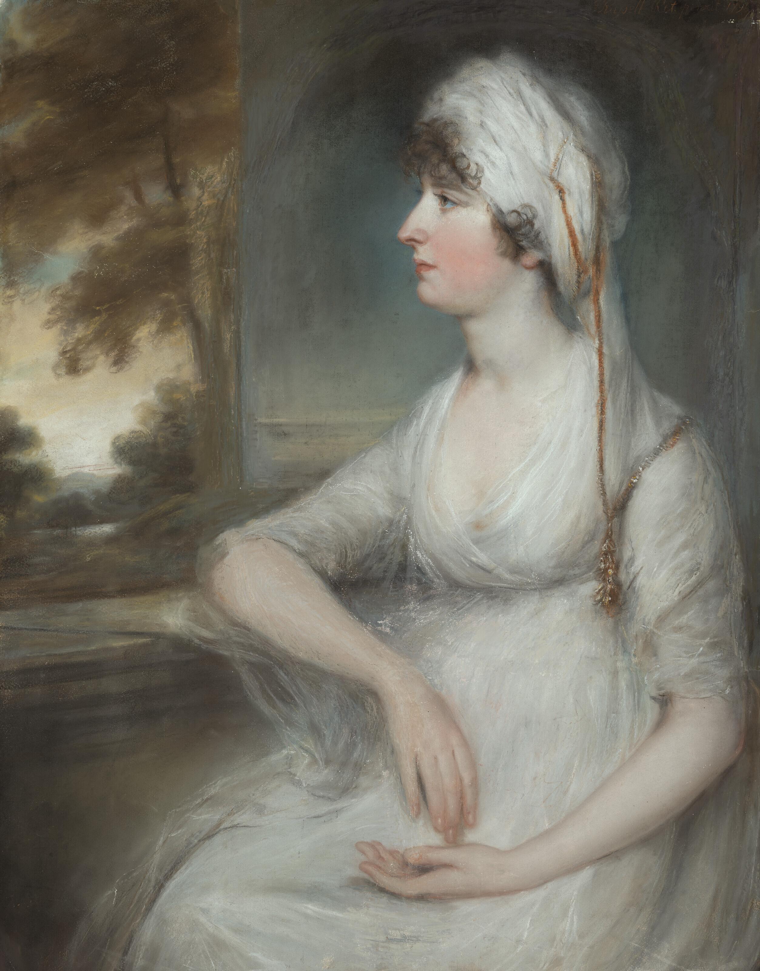 John Russell, R.A. - Portrait of a lady with a white headdress, seated at a window, a wooded landscape beyond