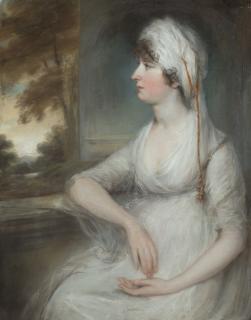 John Russell, R.A. - Portrait of a lady with a white headdress, seated at a window, a wooded landscape beyond
