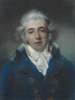 John Russell, R.A. - Portrait of a Richard Brinsley Sheridan (1751-1816), in a blue coat, with white frills
