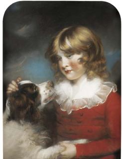 John Russell, R.A. - Portrait of a young boy, half-length, in a red coat and white collar, with a spaniel