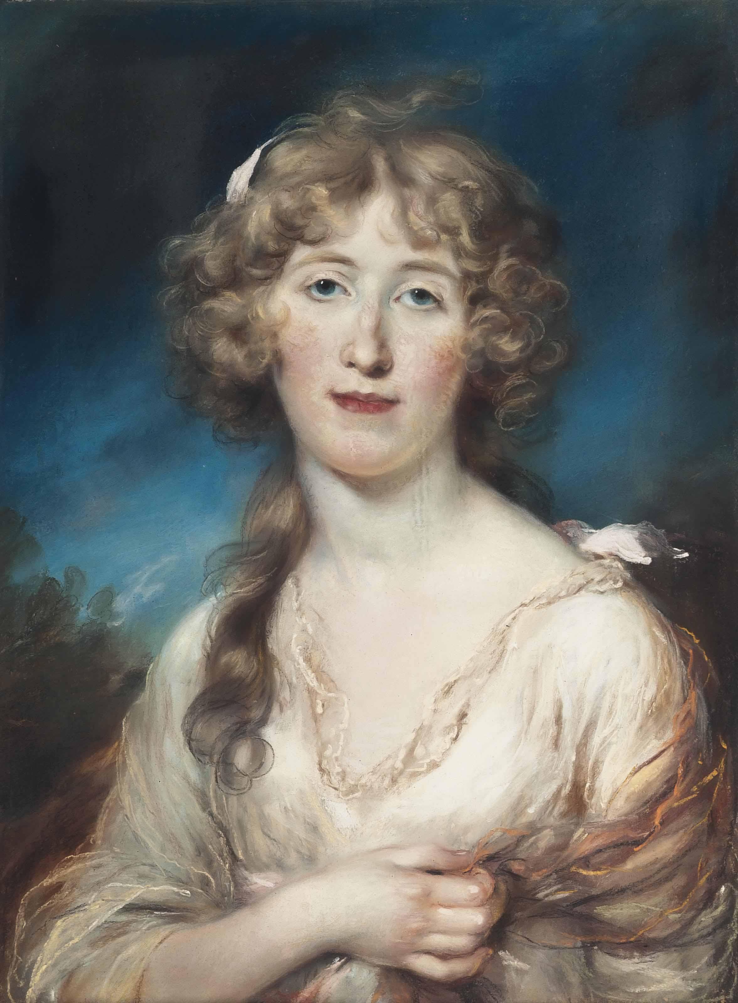 John Russell, R.A. - Portrait Of A Young Woman, Half-Length, In A White Dress With A Pink Shawl